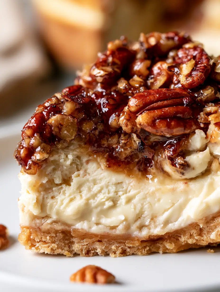 Pecan Cheesecake Pie: The Ultimate Decadent Holiday Dessert 3 Macro shot of a pecan cheesecake pie slice showing the flaky golden crust and smooth cheesecake texture under glazed pecans.
