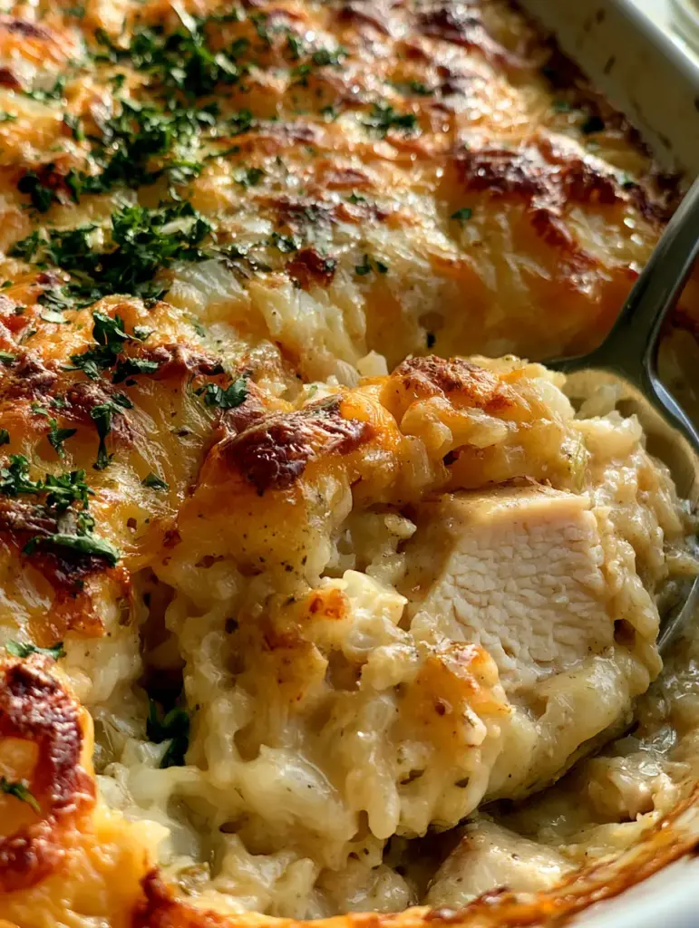 A spoonful removed from a chicken casserole revealing succulent white chicken and creamy rice layers.