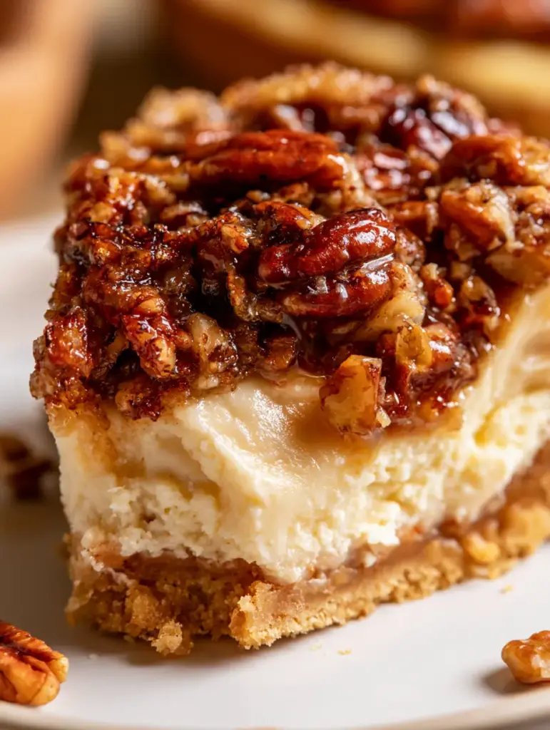 Pecan Cheesecake Pie: The Ultimate Decadent Holiday Dessert 1 A slice of pecan cheesecake pie presented on a white plate with stray pecans scattered around in warm lighting.