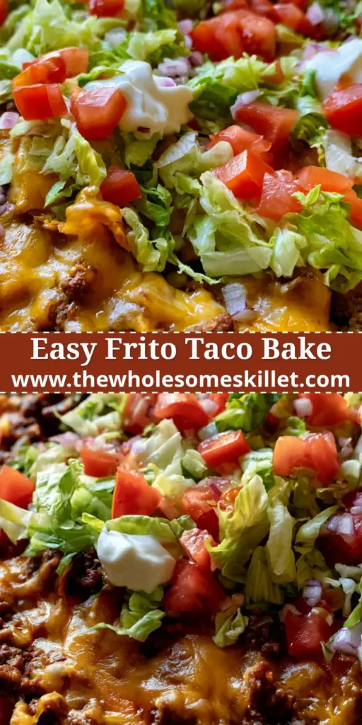 Walking Taco Casserole with Crunchy Fritos and Melty Cheese 4 An overhead shot of a walking taco casserole in a cast iron skillet featuring layers of Fritos, beef, melted cheese, and fresh toppings.