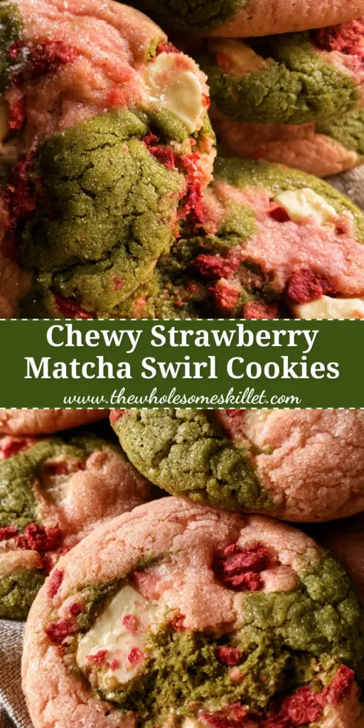 Strawberry Matcha Cookies: The Ultimate Soft-Baked Marble Swirl 4 A stack of thick strawberry matcha cookies with green and pink swirls and white chocolate chunks on a linen napkin. (strawberry matcha cookies)