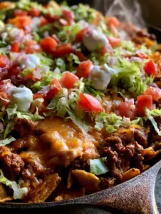 Close-up of bubbling melted cheddar and Monterey Jack cheese on a walking taco casserole.