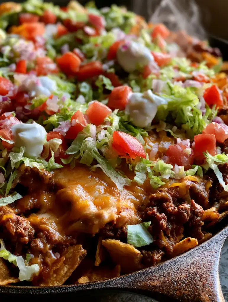 Walking Taco Casserole with Crunchy Fritos and Melty Cheese 2 Close-up of bubbling melted cheddar and Monterey Jack cheese on a walking taco casserole.