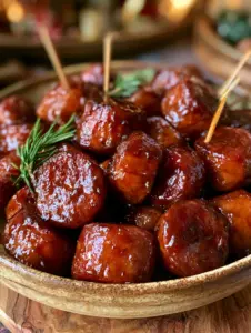 Close-up of glazed kielbasa bites showing the thick, sticky candy coating and rosemary garnish.