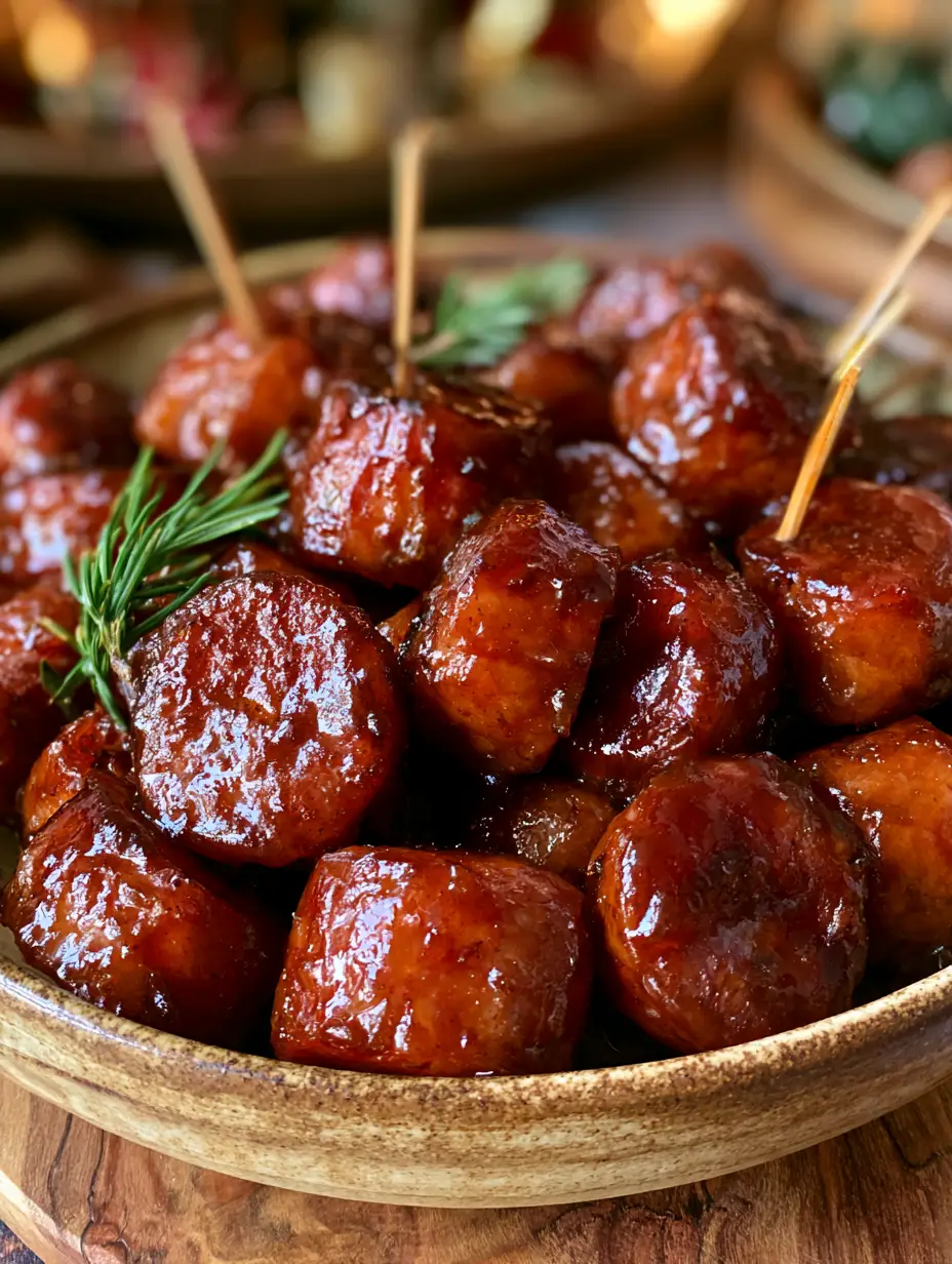 Close-up of glazed kielbasa bites showing the thick, sticky candy coating and rosemary garnish.