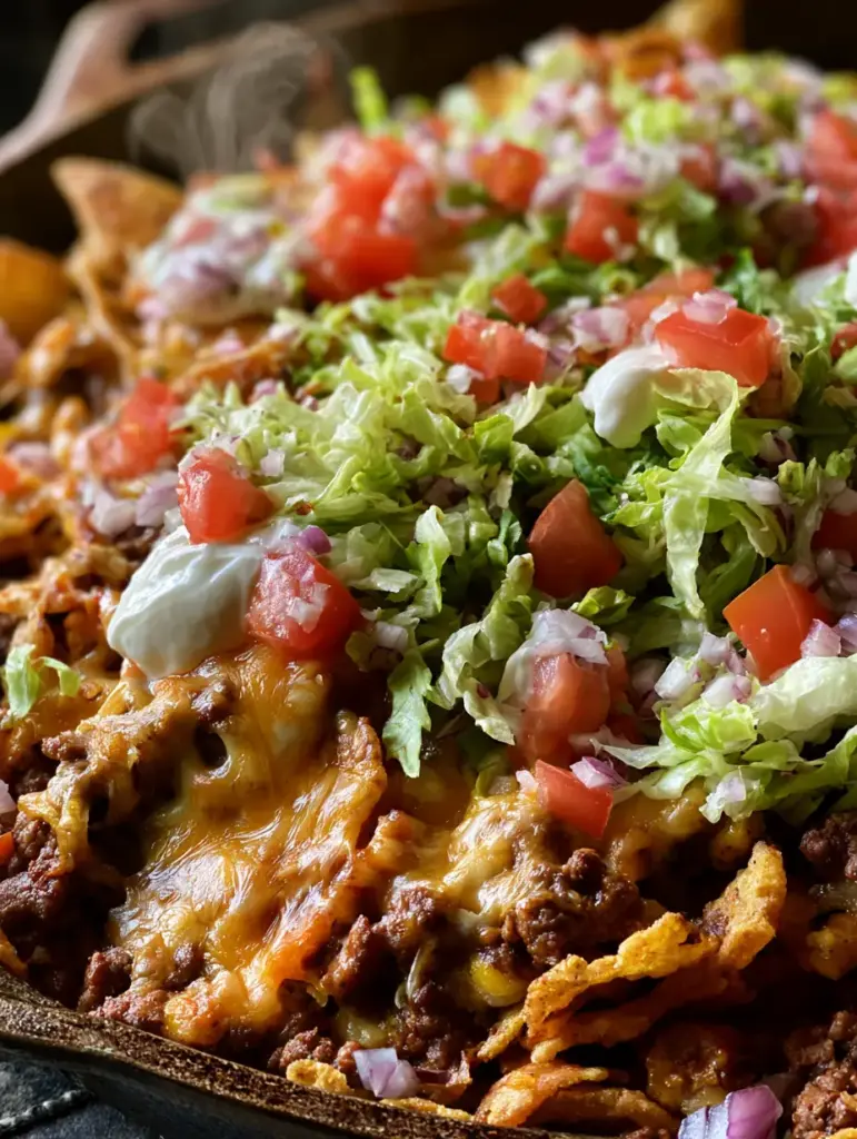 Walking Taco Casserole with Crunchy Fritos and Melty Cheese 1 Vibrant toppings of lettuce, tomato, and sour cream on top of a walking taco casserole.