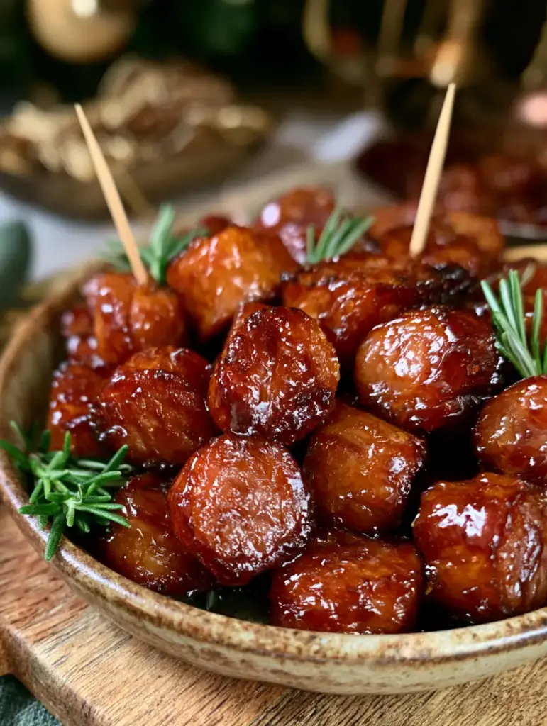 Sizzling kielbasa bites in a rustic bowl with wooden toothpicks ready for serving.