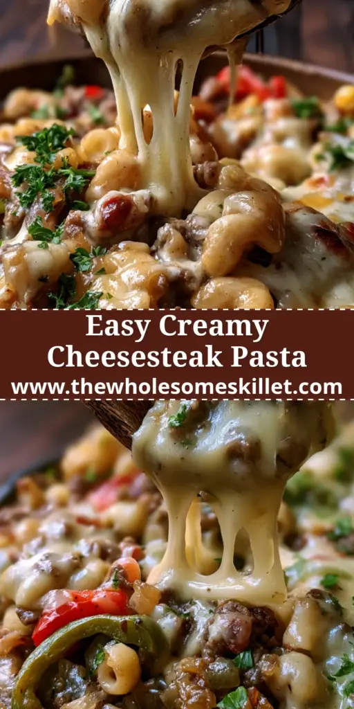 A top-down view of a creamy philly cheesesteak macaroni skillet with melted cheese and fresh parsley.