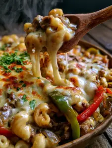 Close-up of philly cheesesteak macaroni showing a rustic wooden spoon lifting cheesy pasta with bell peppers and beef.