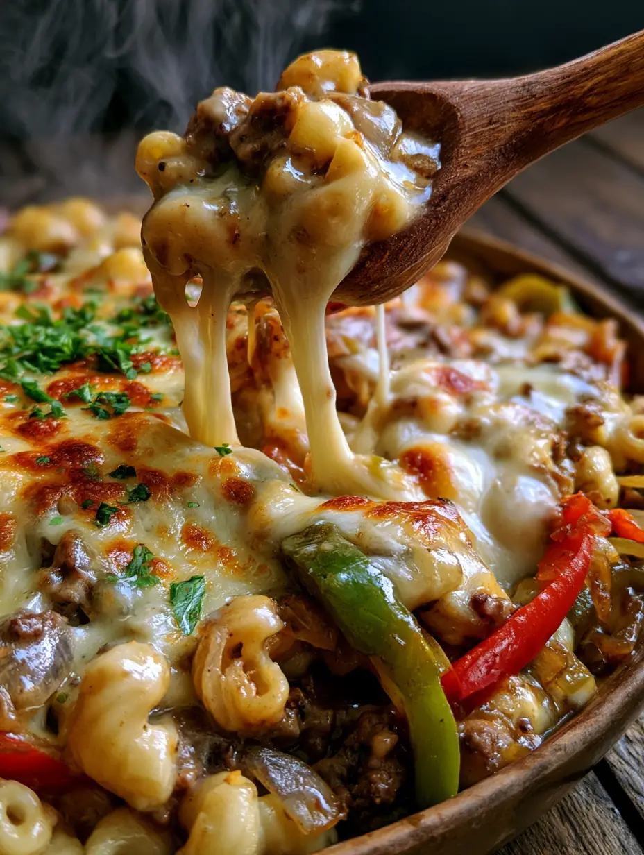 Close-up of philly cheesesteak macaroni showing a rustic wooden spoon lifting cheesy pasta with bell peppers and beef.