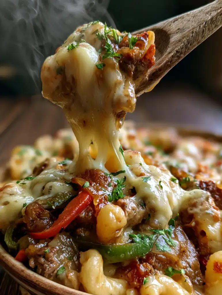 Detail shot of glistening elbow macaroni, red and green peppers, and caramelized onions in a philly cheesesteak macaroni dish.