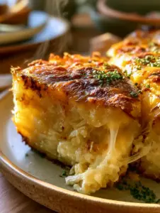 Meticulously styled close-up shot of a golden-brown hashbrown bake with bubbly caramelized cheddar cheese.
