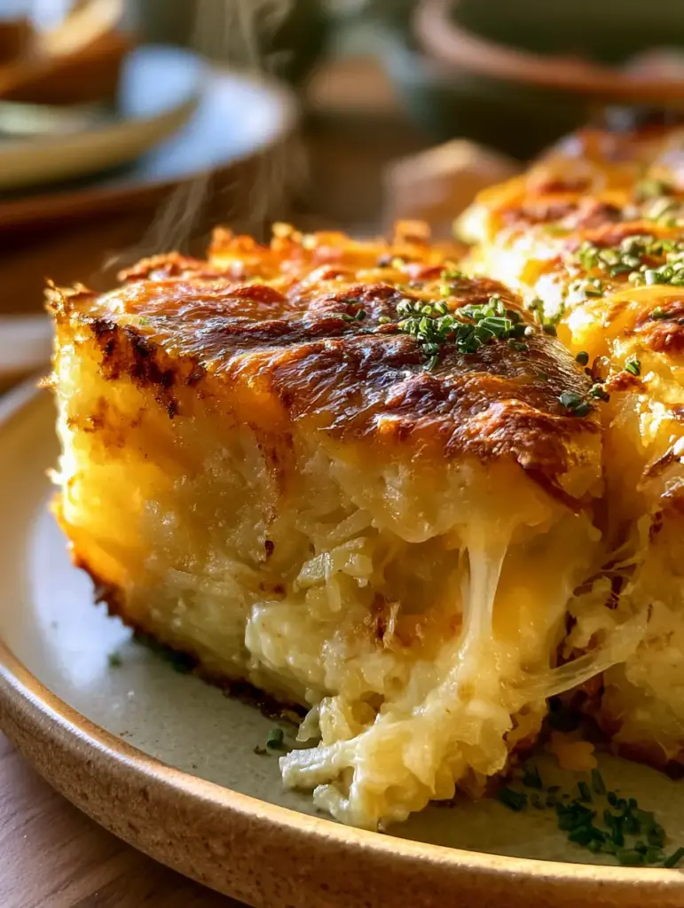 Meticulously styled close-up shot of a golden-brown hashbrown bake with bubbly caramelized cheddar cheese.