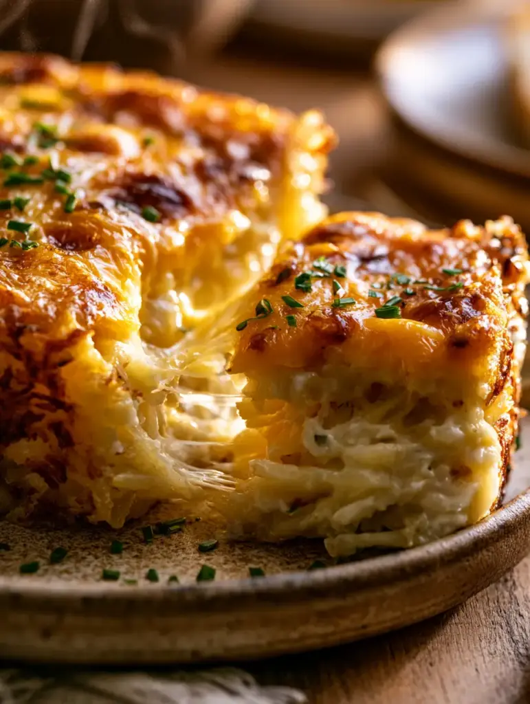 Hashbrown Bake with Crispy Cheddar Crust and Creamy Potato Layers 1 A cross-section of a hashbrown bake slice on a rustic ceramic plate, showing molten potato layers.