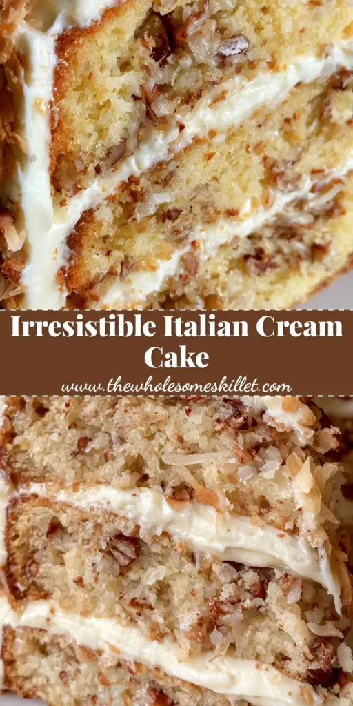Italian Cream Cake: The Ultimate Southern Recipe for Nutty, Creamy Perfection 4 A towering three-layer italian cream cake covered in white frosting and topped with pecans and toasted coconut.