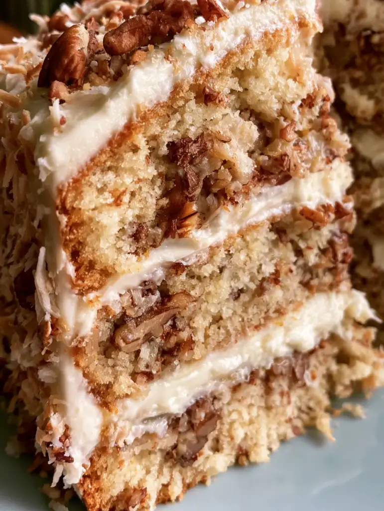 Italian Cream Cake: The Ultimate Southern Recipe for Nutty, Creamy Perfection 1 Side view of an italian cream cake slice garnished with toasted coconut flakes and pecan pieces.