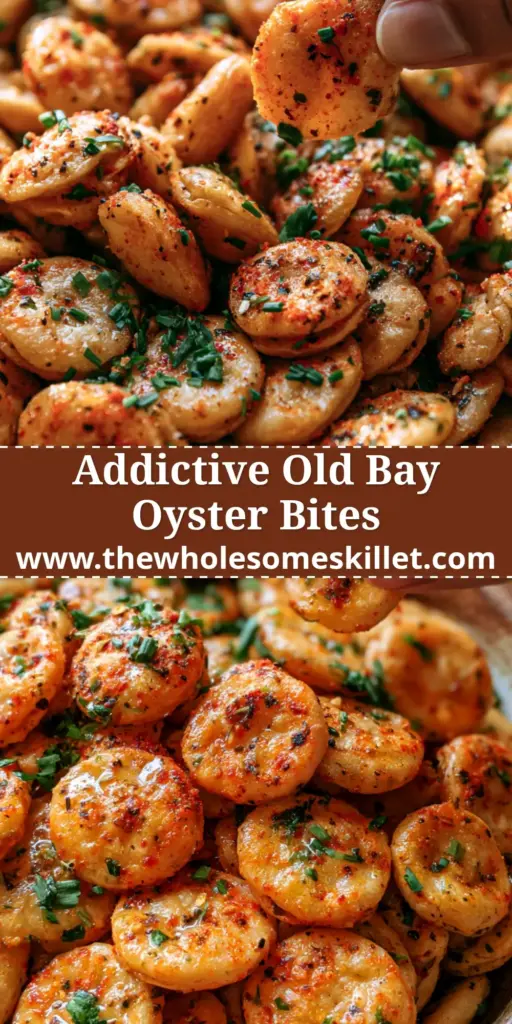 Oyster Crackers with Zesty Old Bay and Fresh Herbs 4 A rustic ceramic bowl overflowing with golden-brown oyster crackers heavily coated in Old Bay seasoning and fresh herbs.