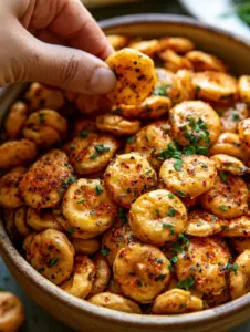 Overhead close-up of buttery oyster crackers with red, black, and green seasoning flecks in a ceramic bowl.