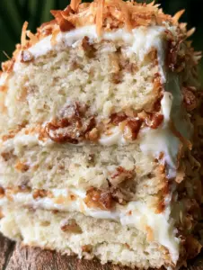 Close-up slice of italian cream cake showing moist vanilla layers and flecks of coconut and pecans.