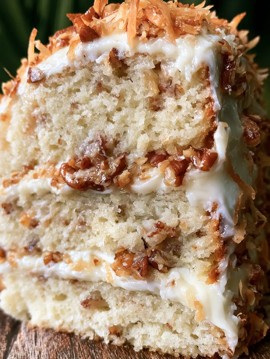 Italian Cream Cake: The Ultimate Recipe for a Moist and Nutty Showstopper 3 Close-up slice of italian cream cake showing moist vanilla layers and flecks of coconut and pecans.
