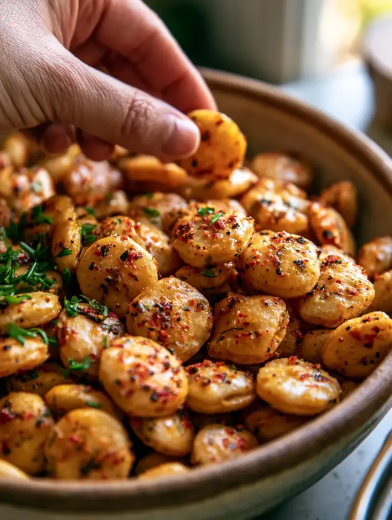 Oyster Crackers with Zesty Old Bay and Fresh Herbs 1 A hand reaching into a bowl of golden-brown seasoned oyster crackers highlighting the crispy texture.