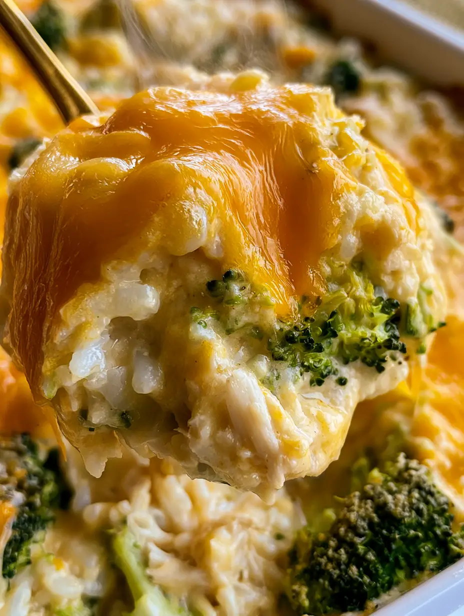 A close-up overhead shot of a spoonful of broccoli chicken rice bake being lifted, showing molten stretchy cheese and steam rising.