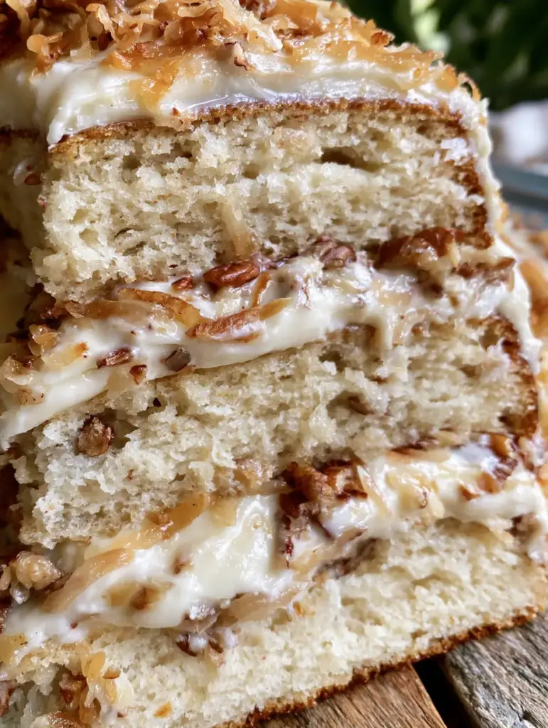 Italian Cream Cake: The Ultimate Recipe for a Moist and Nutty Showstopper 1 A perfectly cut slice of italian cream cake highlighting the thick frosting and golden toasted coconut bits.