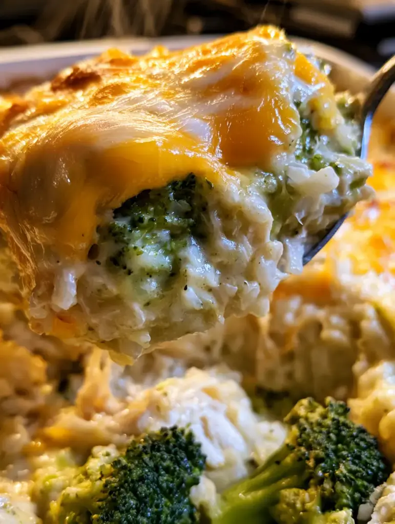 A top-down view of the golden-brown cheese crust on a broccoli chicken rice bake with fresh parsley garnish.