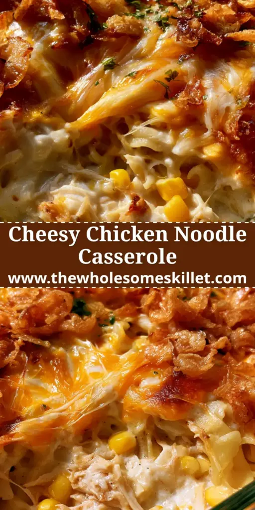 Chicken Noodle Bake with Crispy Fried Onions and Gooey Cheese 4 A close-up, top-down shot of a bubbling, golden-brown chicken noodle bake in a clear glass baking dish featuring crispy fried onions and melted cheese.