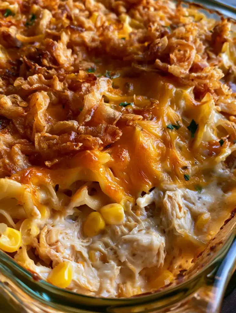 Chicken Noodle Bake with Crispy Fried Onions and Gooey Cheese 1 Close-up of stretchy mozzarella cheese and yellow corn kernels in a creamy chicken noodle bake.