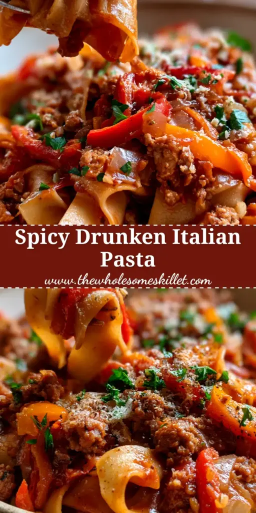 A steaming rustic bowl of Zesty Drunken Italian Pasta with wide noodles, spicy sausage, and vibrant peppers on a dark wood table. (italian pasta)