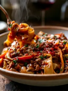Close-up of glossy red-orange sauce coating al dente pappardelle noodles and crumbled sausage. (italian pasta)