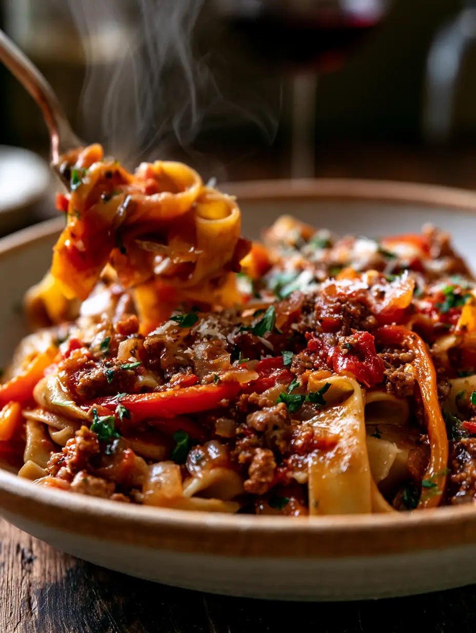 Close-up of glossy red-orange sauce coating al dente pappardelle noodles and crumbled sausage. (italian pasta)