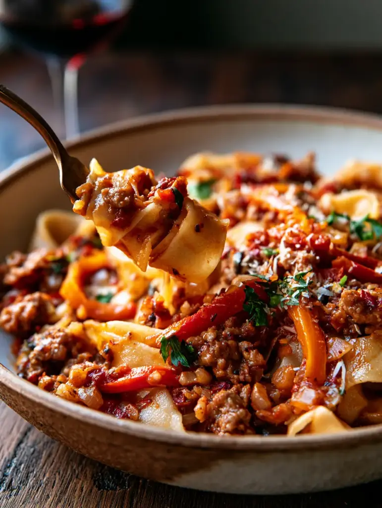 A fork twirling wide italian pasta noodles covered in spicy sausage and pepper strips.