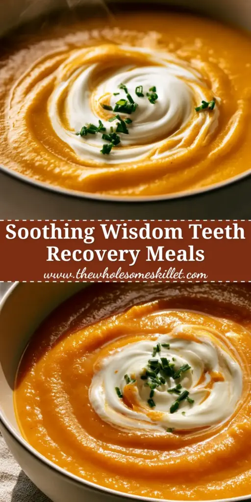 Wisdom Teeth Recovery Meals: The Ultimate Velvety Butternut Squash Soup 4 A collage showing various soft food options and a bowl of butternut squash soup for wisdom teeth recovery meals.