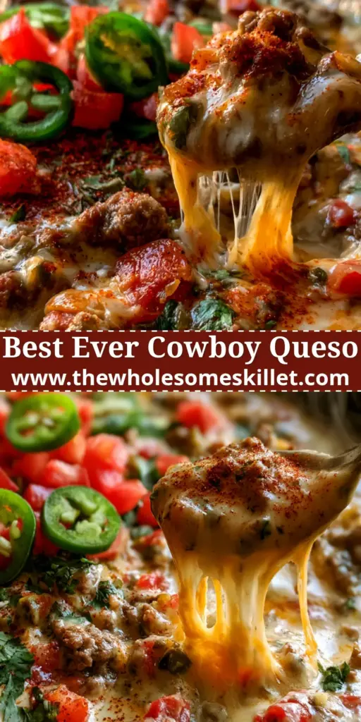 A bubbling cast iron skillet filled with molten beef queso topped with fresh jalapenos and cilantro.