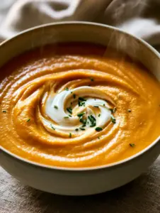 Close-up of velvety butternut squash soup with a white créme fraîche swirl and chives in a matte bowl. (wisdom teeth recovery meals)