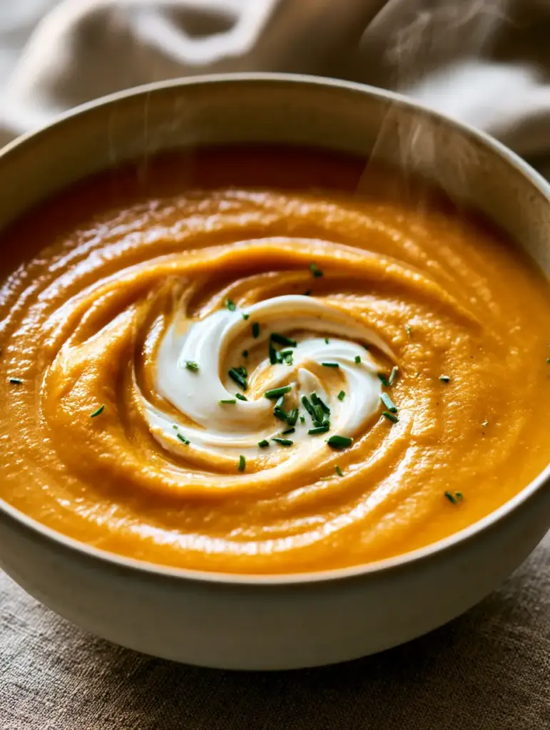 Wisdom Teeth Recovery Meals: The Ultimate Velvety Butternut Squash Soup 2 Close-up of velvety butternut squash soup with a white créme fraîche swirl and chives in a matte bowl. (wisdom teeth recovery meals)