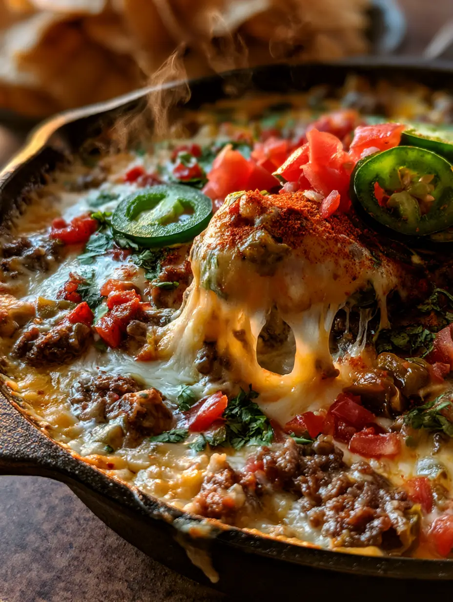 Dynamic close-up of beef queso with a perfect cheese pull and fresh tomato toppings.