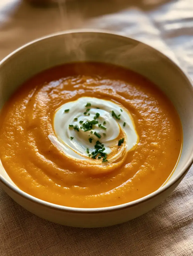 Wisdom Teeth Recovery Meals: The Ultimate Velvety Butternut Squash Soup 1 Overhead shot of rich orange butternut squash soup on a natural linen tablecloth.