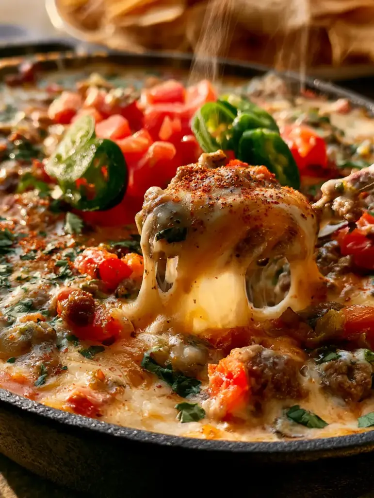 Piping hot beef queso bubbling in a black cast iron skillet with rising steam.