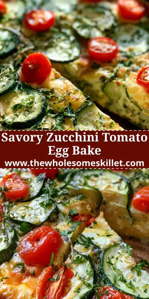 An overhead shot of a zucchini tomato egg bake in a rustic dish, featuring golden cheese and fresh herbs.