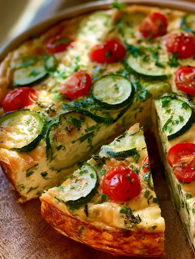 Close-up of a zucchini tomato egg bake showing the vibrant vegetables and fluffy egg texture.