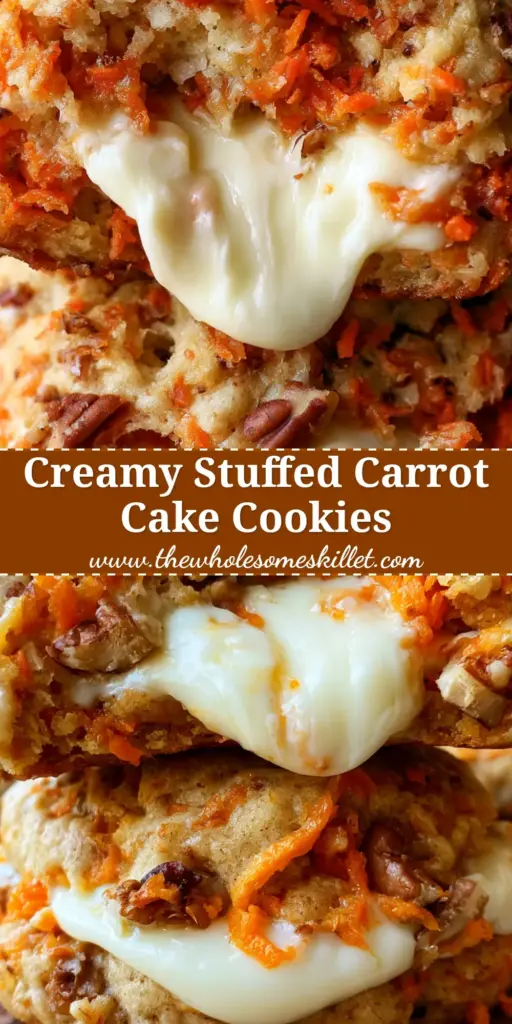 A stack of two carrot cake delights on a rustic board, the top cookie broken to reveal a white cream cheese filling.