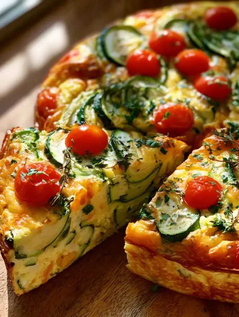 A cut wedge of zucchini tomato egg bake revealing the creamy cheesy interior and steam rising.