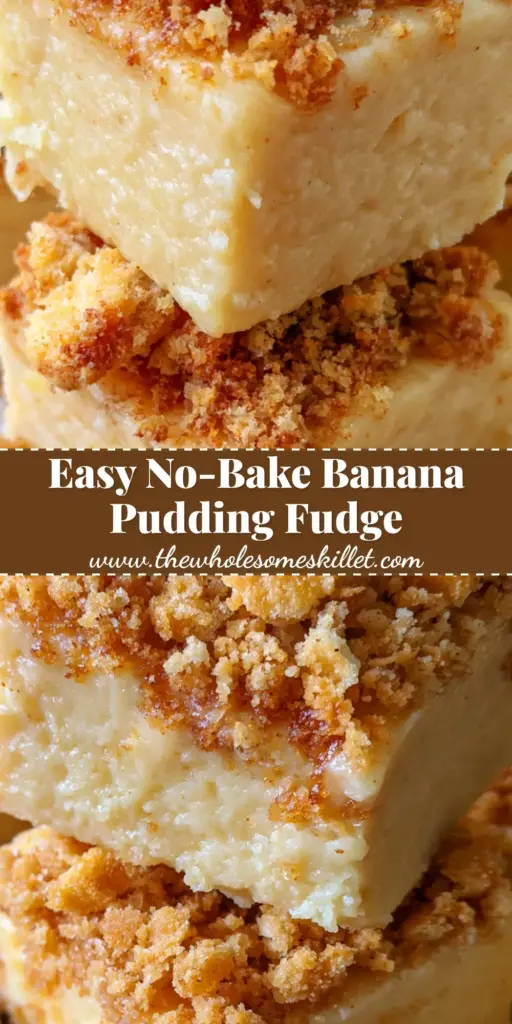 A towering stack of thick banana pudding fudge squares topped with golden vanilla wafer crumbs on a kitchen counter.