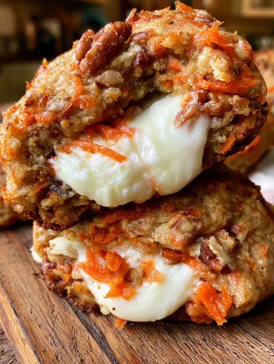 Close-up of golden-brown carrot cake delights with orange carrots and pecans visible in the dough.