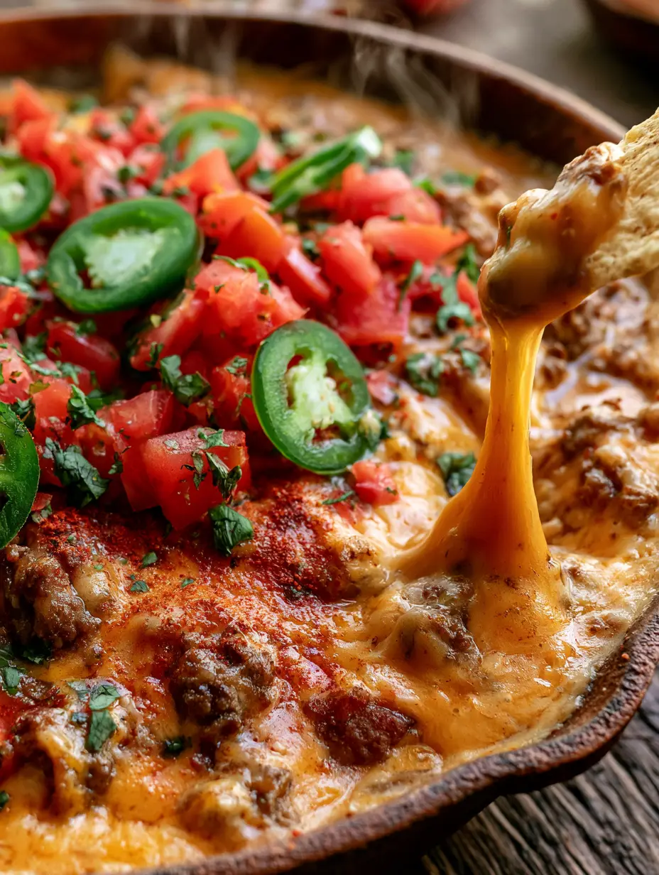 Queso Dip with Browned Beef and Crumbled Spicy Sausage 3 Top-down close-up of molten queso dip in a rustic skillet with visible beef chunks and fresh jalapeños. (queso dip)