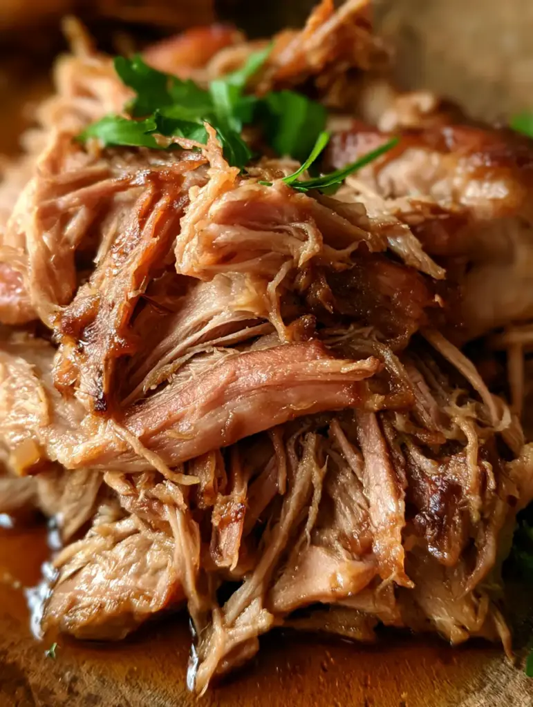 Kalua Pork: The Ultimate 3-Ingredient Slow Cooker Hawaiian Pulled Pork Recipe 1 A mound of golden-brown shredded pork with green parsley sprigs on a warm wooden surface.