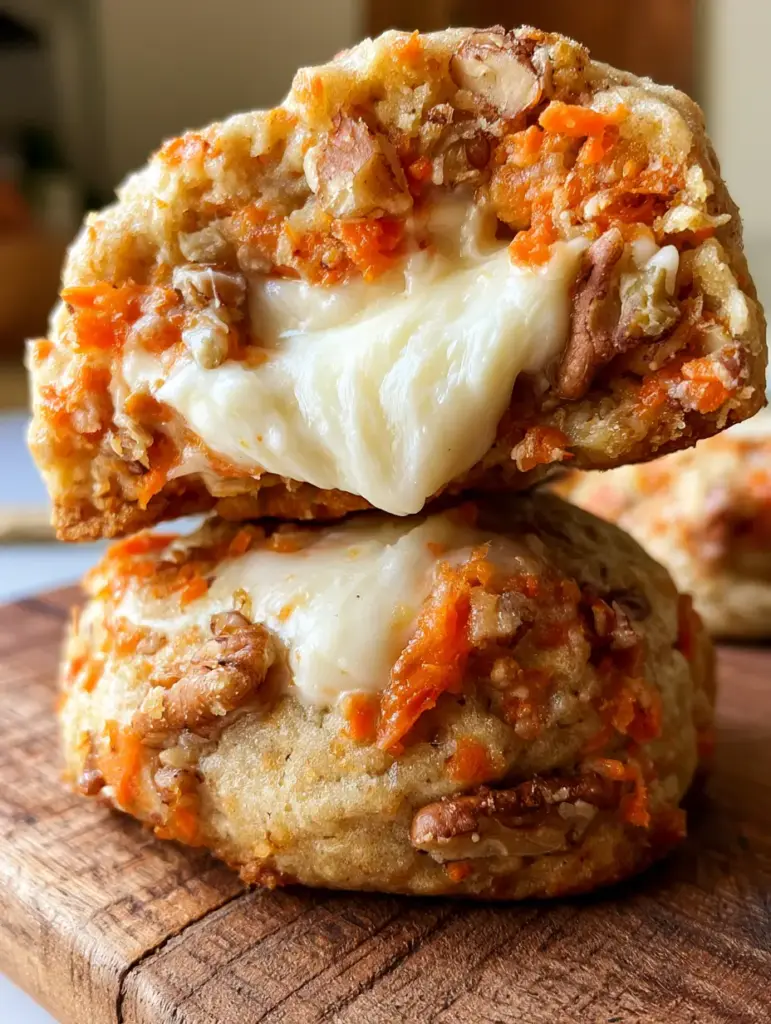 A broken carrot cake cookie revealing a luscious bright white cream cheese filling oozing from the center.
